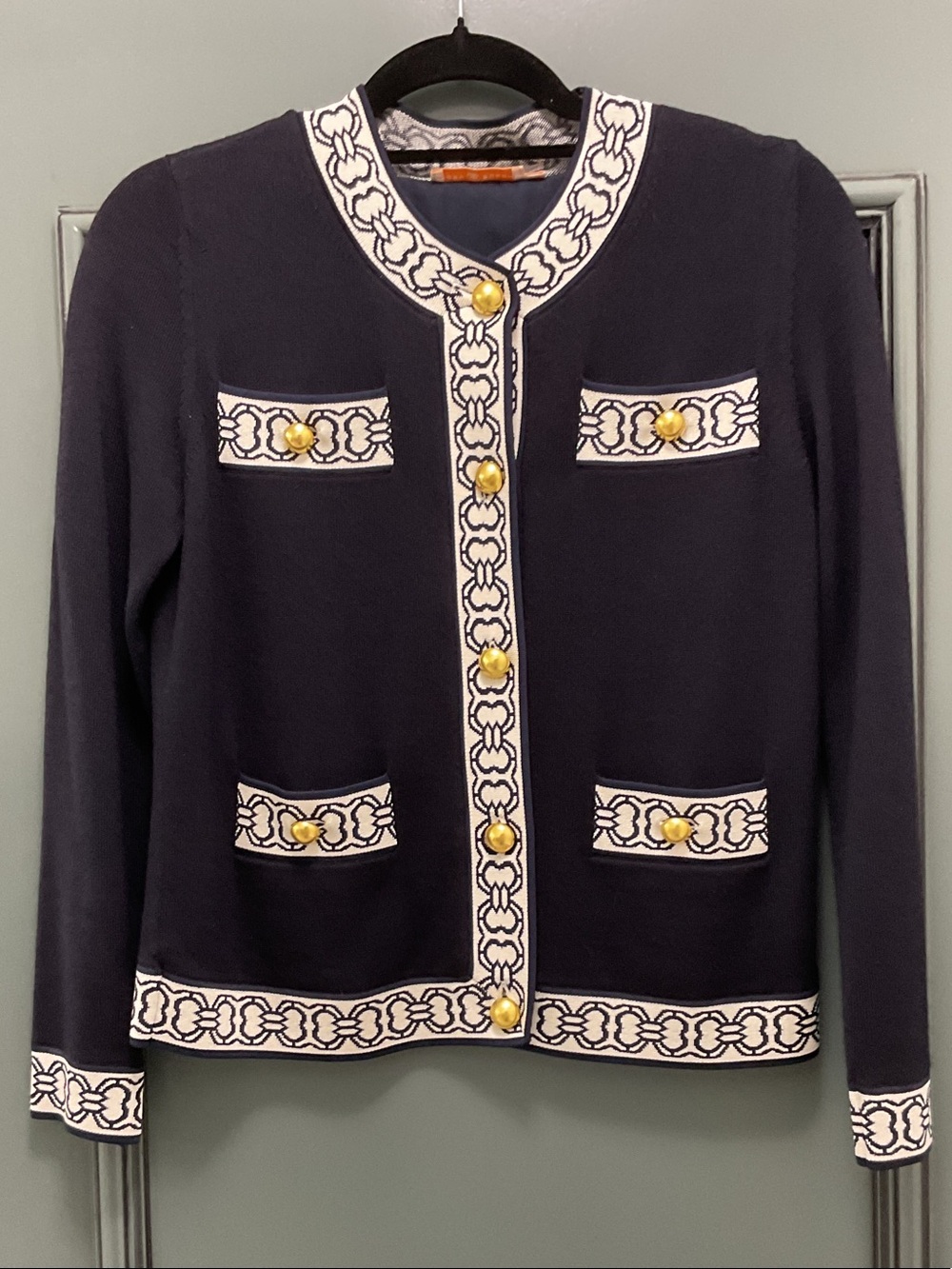 100% merino wool Tory Burch Black Cardigan with White Chain-Trim and Gold Button